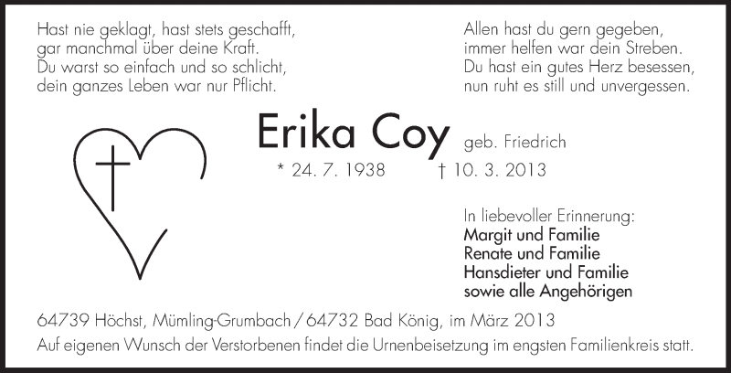  Traueranzeige für Erika Coy vom 12.03.2013 aus Odenwälder Echo