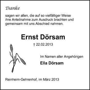 Traueranzeige von Ernst Dörsam von Darmstädter Echo, Odenwälder Echo, Rüsselsheimer Echo, Groß-Gerauer-Echo, Ried Echo