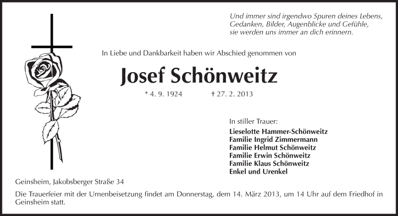  Traueranzeige für Josef Schönweitz vom 12.03.2013 aus Rüsselsheimer Echo, Groß-Gerauer-Echo, Ried Echo