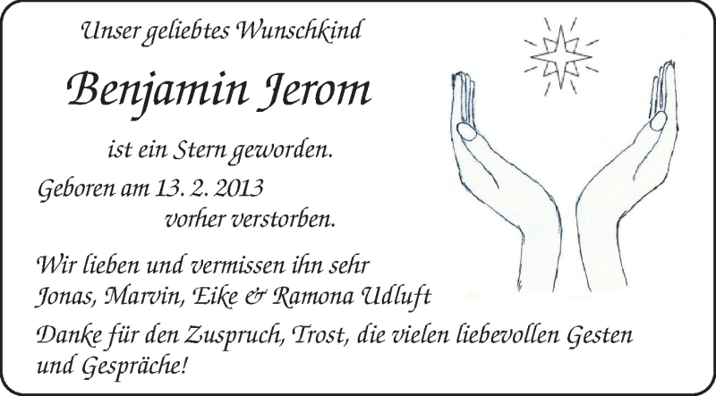  Traueranzeige für Benjamin Jerom  vom 16.03.2013 aus Echo-Zeitungen (Gesamtausgabe)