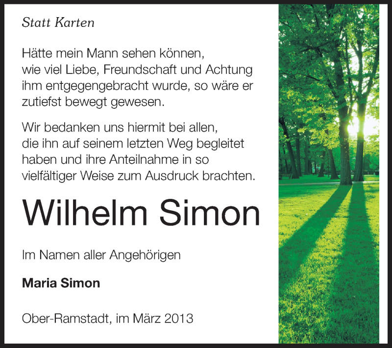  Traueranzeige für Wilhelm Simon vom 16.03.2013 aus Echo-Zeitungen (Gesamtausgabe)