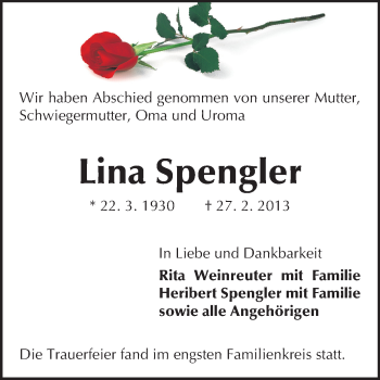Traueranzeige von Lina Spengler von Echo-Zeitungen (Gesamtausgabe)