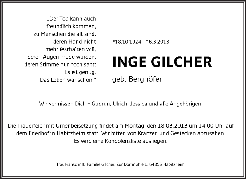  Traueranzeige für Inge Gilcher vom 16.03.2013 aus Echo-Zeitungen (Gesamtausgabe)