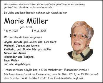 Traueranzeige von Marie Müller von Odenwälder Echo