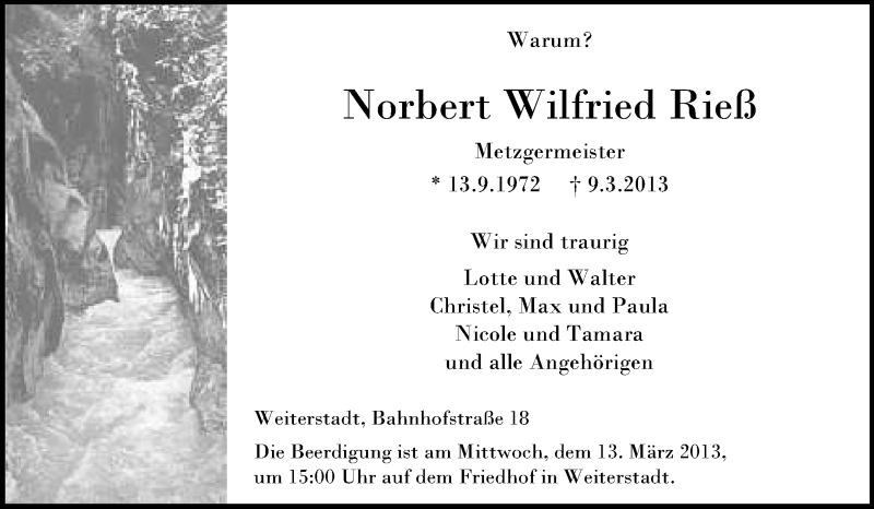  Traueranzeige für Norbert Wilfried Rieß vom 12.03.2013 aus Echo-Zeitungen (Gesamtausgabe)