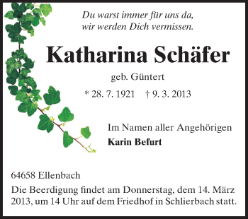 Traueranzeige von Katharina Schäfer von Starkenburger Echo