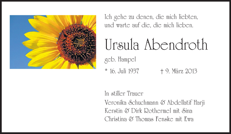  Traueranzeige für Ursula Abendroth vom 13.03.2013 aus Rüsselsheimer Echo, Groß-Gerauer-Echo, Ried Echo