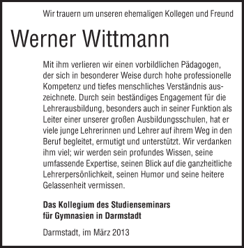 Traueranzeige von Werner Wittmann von Echo-Zeitungen (Gesamtausgabe)