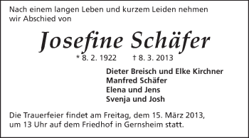 Traueranzeige von Josefine Schäfer von Echo-Zeitungen (Gesamtausgabe)