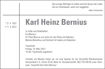 Traueranzeige von Karl Heinz Bernius von Echo-Zeitungen (Gesamtausgabe)