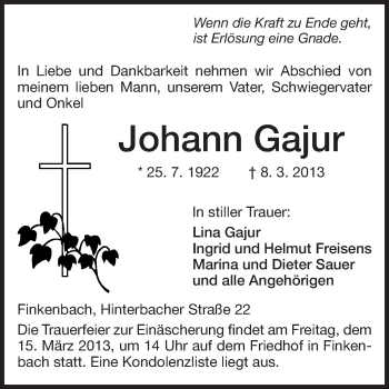 Traueranzeige von Johann Gajur von Odenwälder Echo