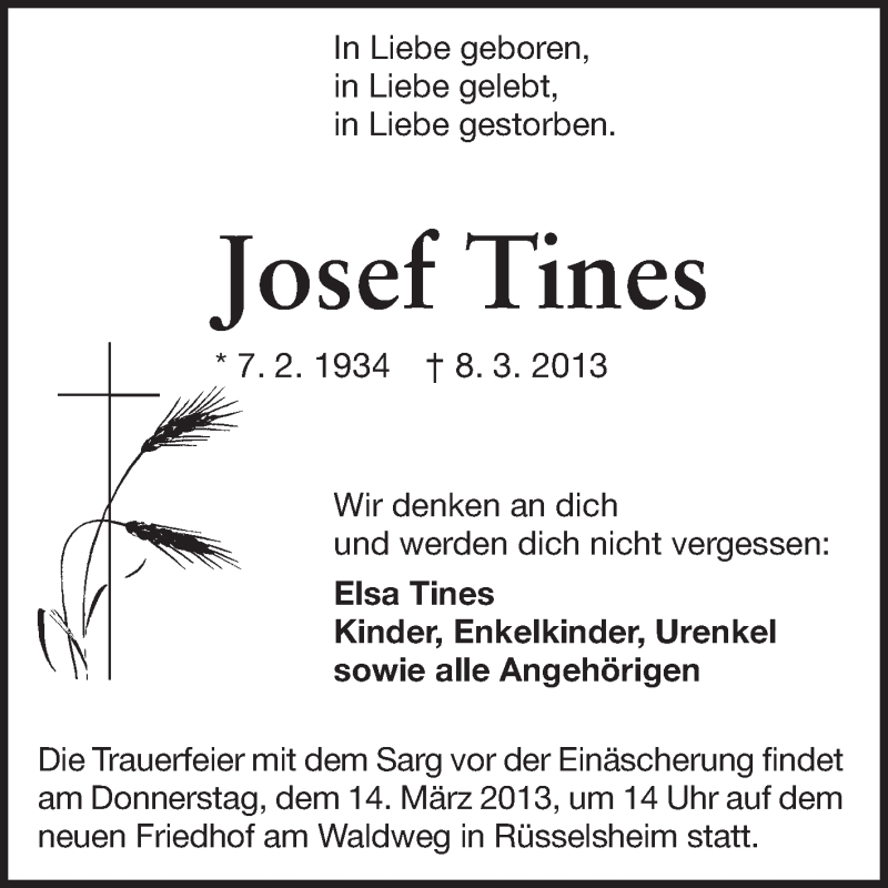  Traueranzeige für Josef Tines vom 13.03.2013 aus Rüsselsheimer Echo, Groß-Gerauer-Echo, Ried Echo