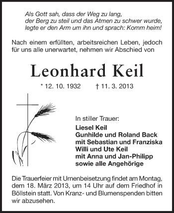Traueranzeige von Leonhard Keil von Odenwälder Echo