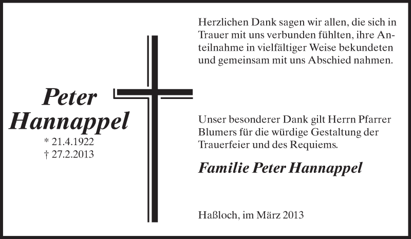  Traueranzeige für Peter Hannappel vom 16.03.2013 aus Rüsselsheimer Echo, Groß-Gerauer-Echo, Ried Echo