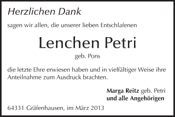 Traueranzeige von Lenchen Petri von Echo-Zeitungen (Gesamtausgabe)