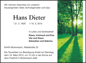 Traueranzeige von Hans Dieter von Echo-Zeitungen (Gesamtausgabe)