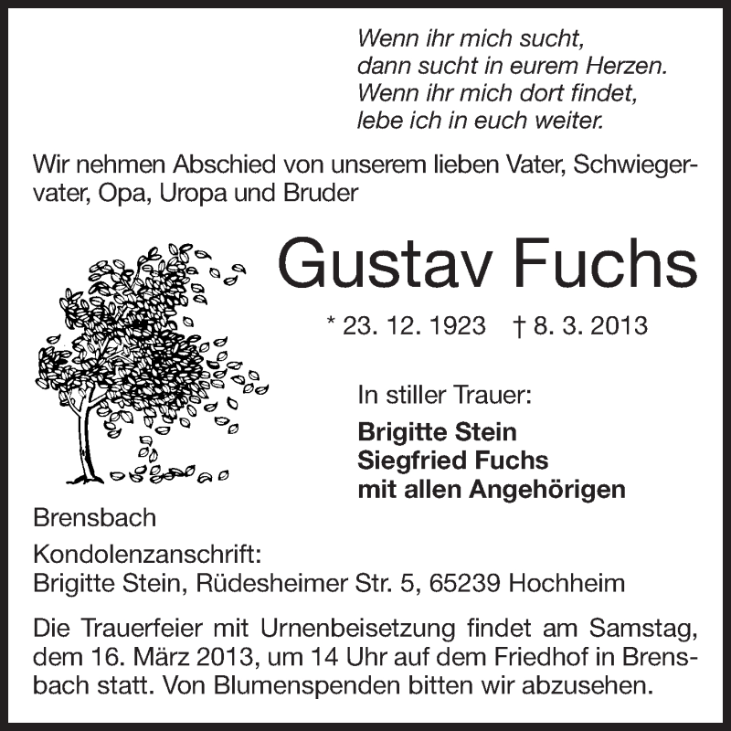  Traueranzeige für Gustav Fuchs vom 14.03.2013 aus Odenwälder Echo