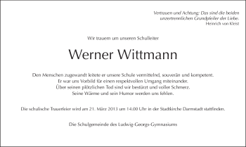 Traueranzeige von Werner Wittmann von Echo-Zeitungen (Gesamtausgabe)