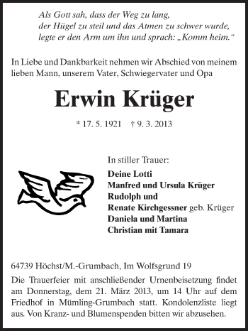 Traueranzeige von Erwin Krüger von Odenwälder Echo