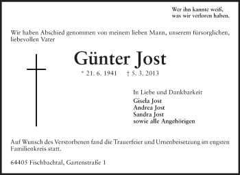 Traueranzeige von Günter Jost von Echo-Zeitungen (Gesamtausgabe)