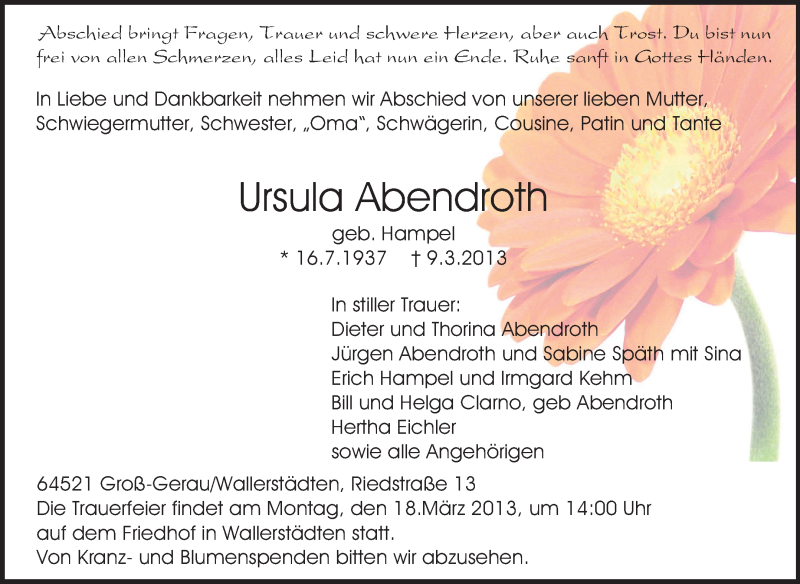  Traueranzeige für Ursula Abendroth vom 13.03.2013 aus Rüsselsheimer Echo, Groß-Gerauer-Echo, Ried Echo