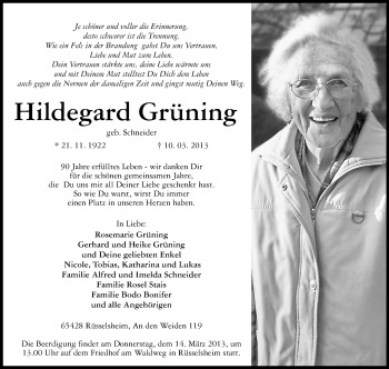 Traueranzeige von Rosemarie Grüning von Rüsselsheimer Echo, Groß-Gerauer-Echo, Ried Echo