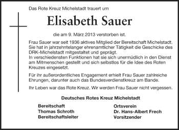 Traueranzeige von Elisabeth Sauer von Odenwälder Echo