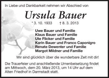 Traueranzeige von Ursula Bauer von Darmstädter Echo, Odenwälder Echo, Rüsselsheimer Echo, Groß-Gerauer-Echo, Ried Echo
