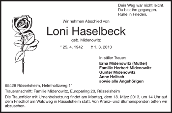 Traueranzeige von Loni Haselbeck von Rüsselsheimer Echo, Groß-Gerauer-Echo, Ried Echo