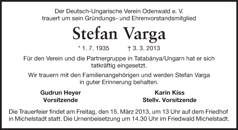  Traueranzeige für Stefan Varga vom 13.03.2013 aus Odenwälder Echo