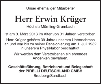 Traueranzeige von Erwin Krüger von Odenwälder Echo