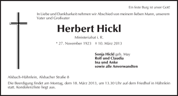 Traueranzeige von Herbert Hickl von Echo-Zeitungen (Gesamtausgabe)