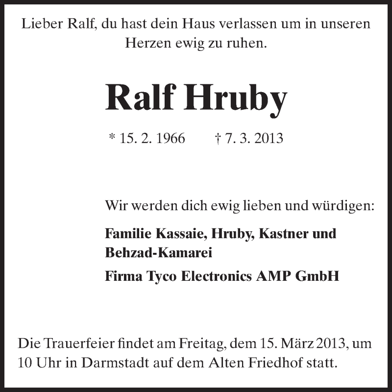  Traueranzeige für Ralf Hruby vom 13.03.2013 aus Echo-Zeitungen (Gesamtausgabe)