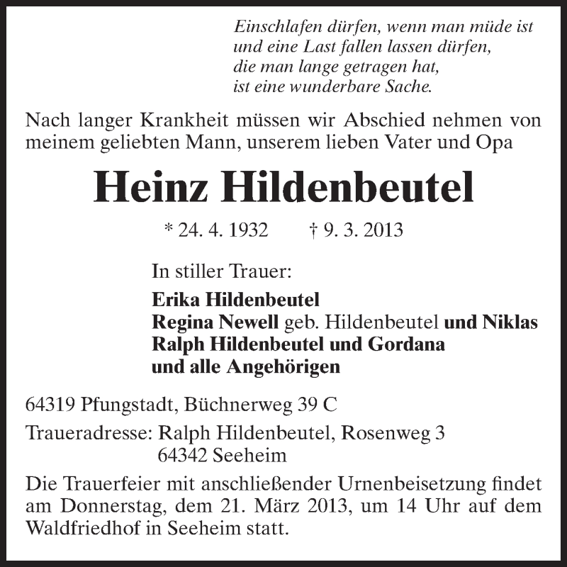  Traueranzeige für Heinz Hildenbeutel vom 16.03.2013 aus Echo-Zeitungen (Gesamtausgabe)