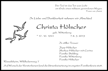 Traueranzeige von Christa Hölscher von Rüsselsheimer Echo, Groß-Gerauer-Echo, Ried Echo