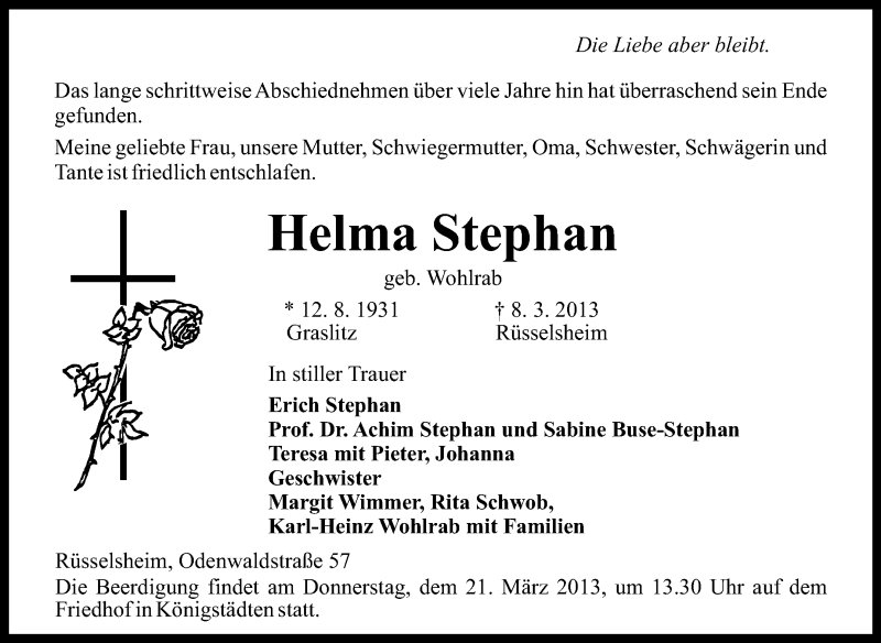  Traueranzeige für Helma Stephan vom 15.03.2013 aus Rüsselsheimer Echo, Groß-Gerauer-Echo, Ried Echo