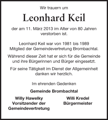 Traueranzeige von Leonhard Keil von Odenwälder Echo
