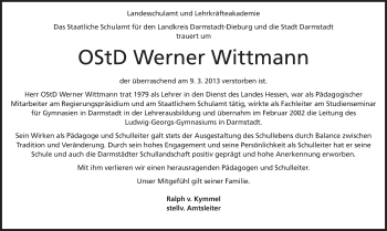 Traueranzeige von Werner Wittmann von Echo-Zeitungen (Gesamtausgabe)