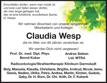 Traueranzeige von Claudia Wesp von Echo-Zeitungen (Gesamtausgabe)