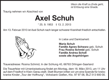 Traueranzeige von Axel Schuh von Rüsselsheimer Echo, Groß-Gerauer-Echo, Ried Echo