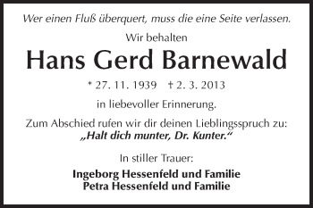 Traueranzeige von Hans Gerd Barnewald von Echo-Zeitungen (Gesamtausgabe)