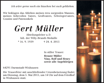 Traueranzeige von Gert Müller von Echo-Zeitungen (Gesamtausgabe)