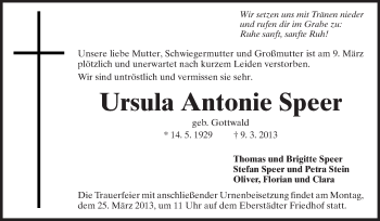 Traueranzeige von Ursula Antonie Speer von Echo-Zeitungen (Gesamtausgabe)