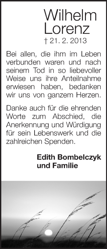 Traueranzeige von Wilhelm Lorenz von Echo-Zeitungen (Gesamtausgabe)