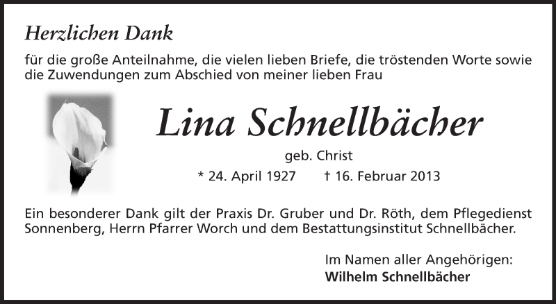  Traueranzeige für Lina Schnellbächer vom 16.03.2013 aus Echo-Zeitungen (Gesamtausgabe)