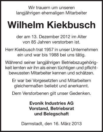 Traueranzeige von Wilhelm Kiekbusch von Echo-Zeitungen (Gesamtausgabe)