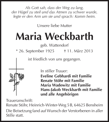 Traueranzeige von Maria Weckbarth von Starkenburger Echo