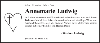 Traueranzeige von Annemarie Ludwig von Echo-Zeitungen (Gesamtausgabe)