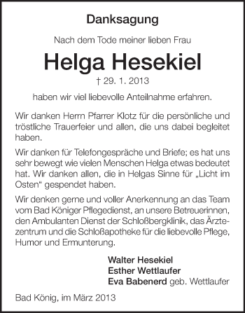 Traueranzeige von Helga Hesekiel von Odenwälder Echo