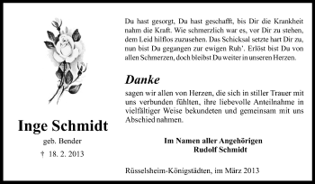 Traueranzeige von Inge Schmidt von Rüsselsheimer Echo, Groß-Gerauer-Echo, Ried Echo